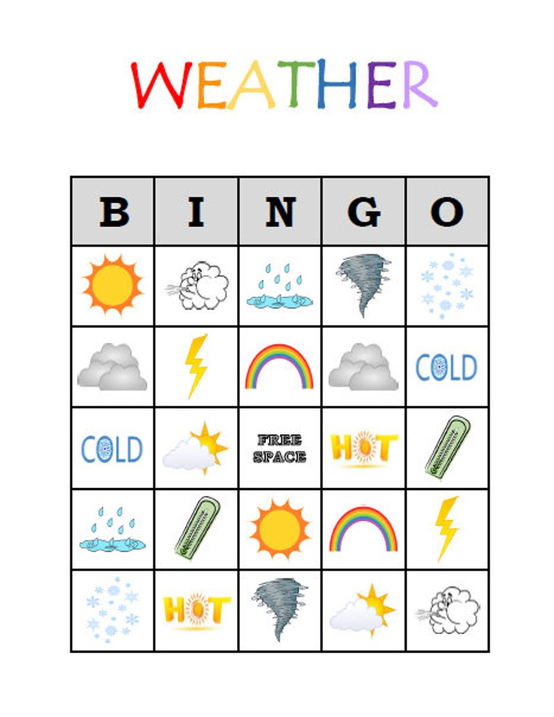 Weather Bingo 30 Printable Fun Educational Kids Birthday Weather Bingo 30 Printable Fun Educational Kids Birthday