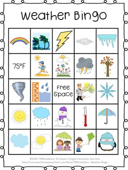 Weather Bingo Game By TNBCreations Teachers Pay Teachers