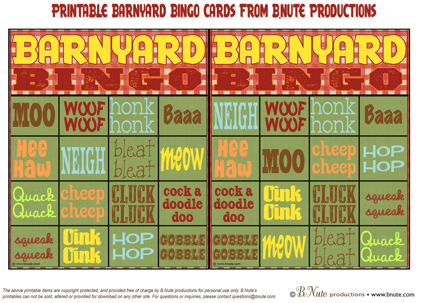 Bnute Productions Free Printable Barnyard Bingo Game