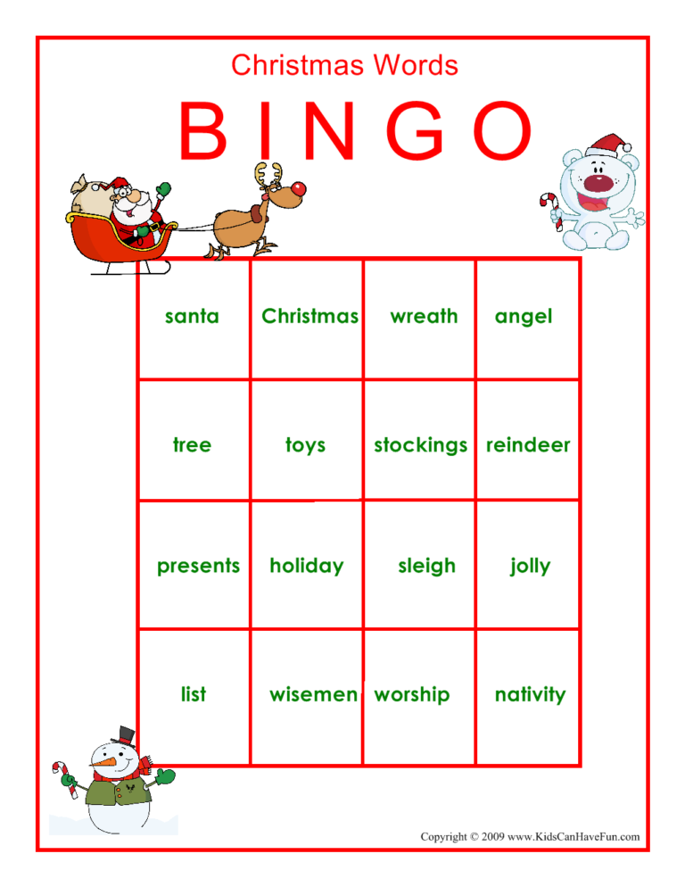 Christmas Words Bingo Game Christmas Words Christmas