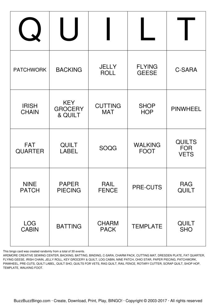 QUILT Bingo Cards To Download Print And Customize 