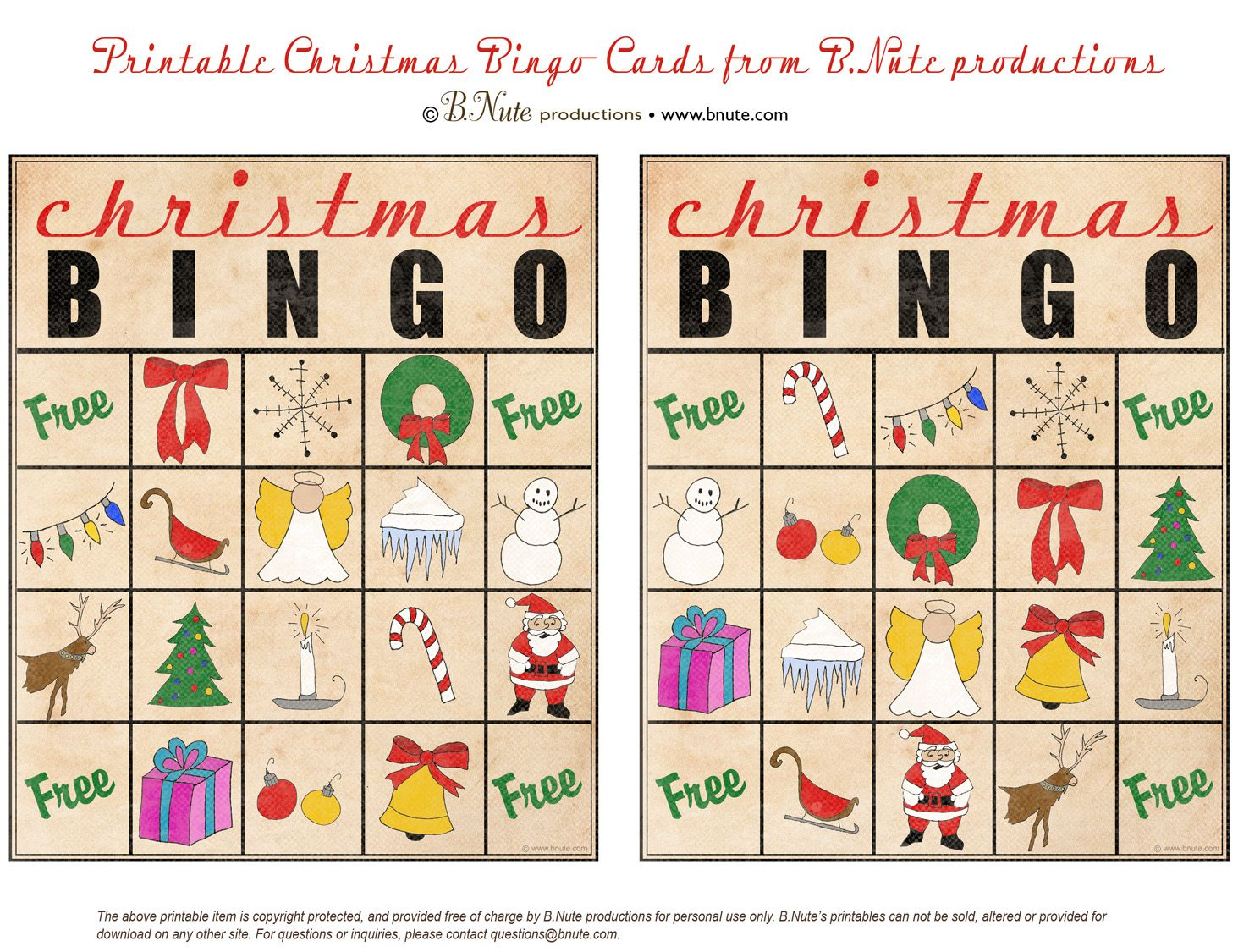 Bnute Productions Free Printable Christmas Bingo Cards 