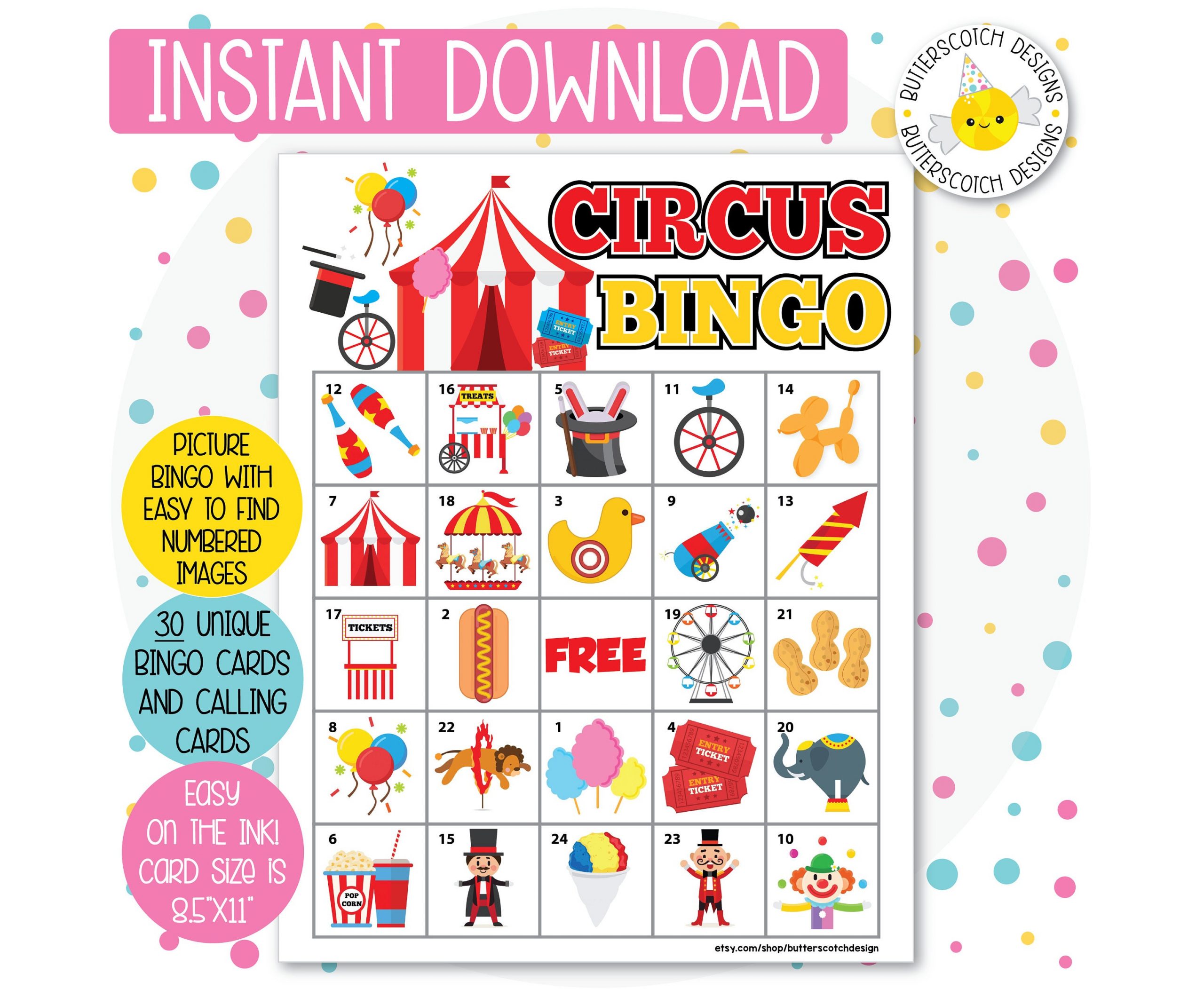 Circus Carnival Printable Bingo Cards 30 Different Cards