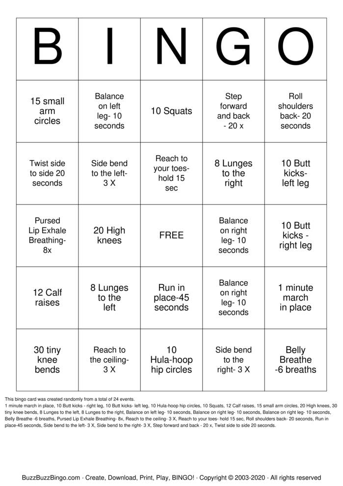 Exercise Bingo Cards To Download Print And Customize