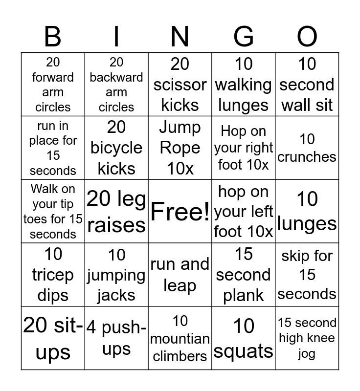 Fitness 1 Bingo Card