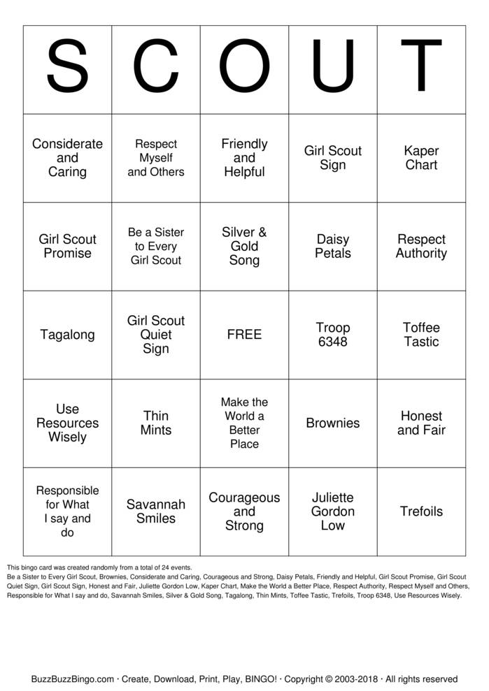 Girl Scout Bingo Cards To Download Print And Customize 