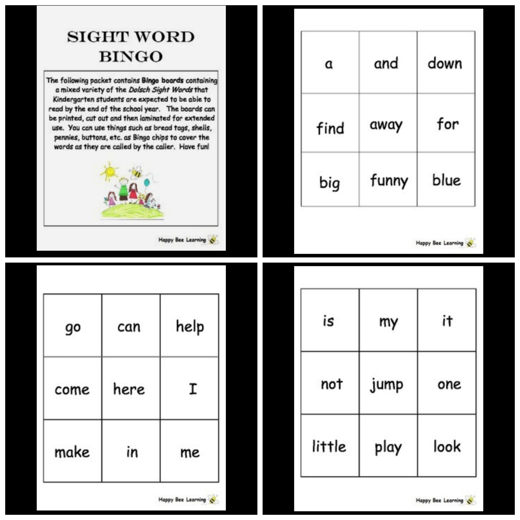 Kindergarten Sight Word Bingo Boards printable