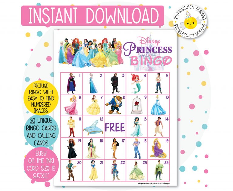 Princess Printable Bingo Cards 20 Different Cards Instant