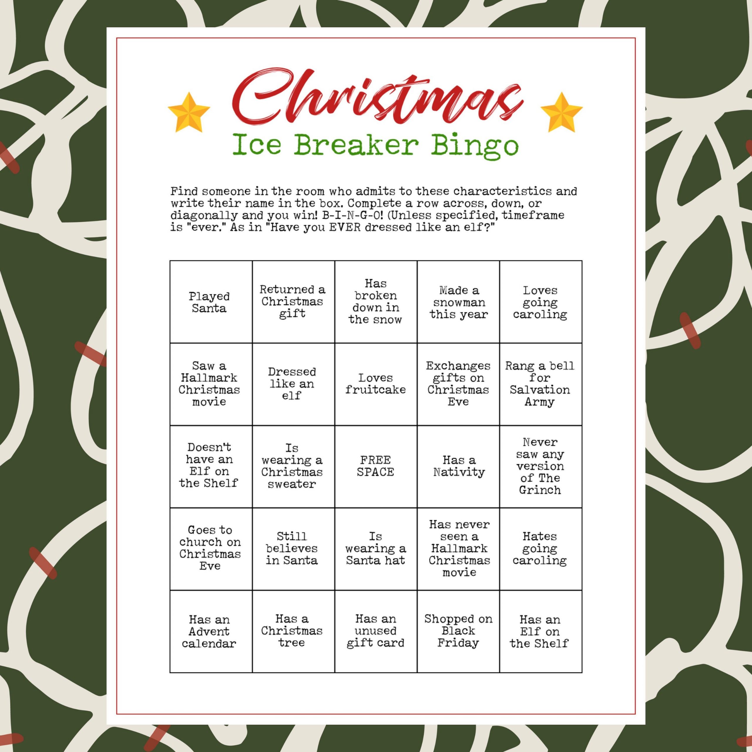 Printable Christmas Party Ice Breaker Game Human Bingo 