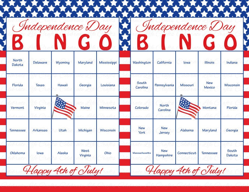 60 4th Of July Printable Bingo Cards Patriotic 50 US States