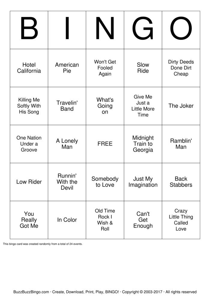 70 s Music Bingo Bingo Cards To Download Print And Customize 