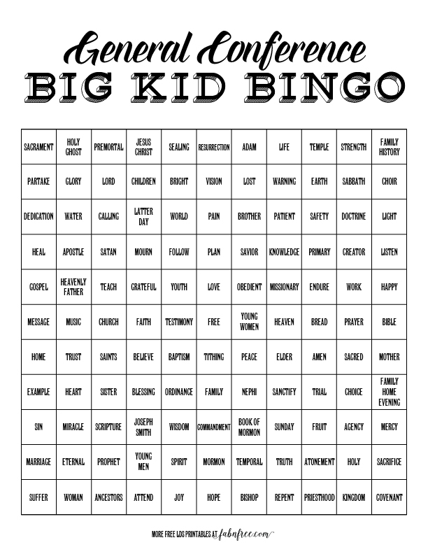 Big Kids General Conference Bingo Fab N Free