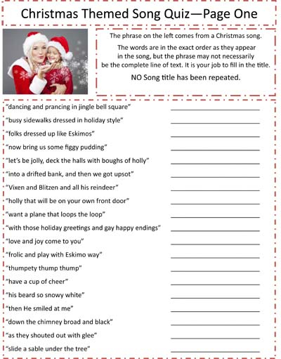 Christmas Themed Song Quiz Game Sheet