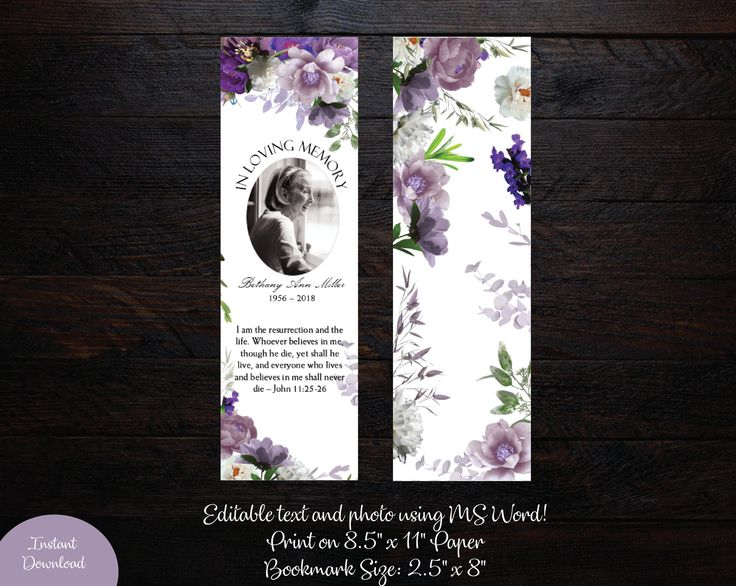 DIY Lavender Peony Funeral Bookmark Template Memorial 