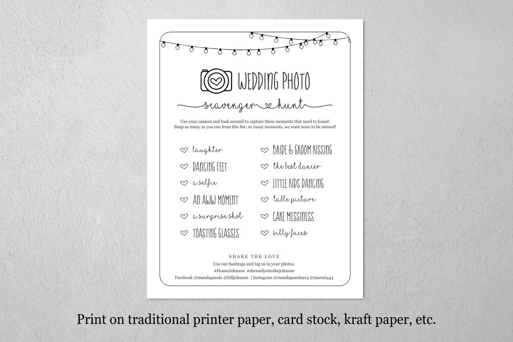 Editable Wedding Photo Scavenger Hunt Template Printable 