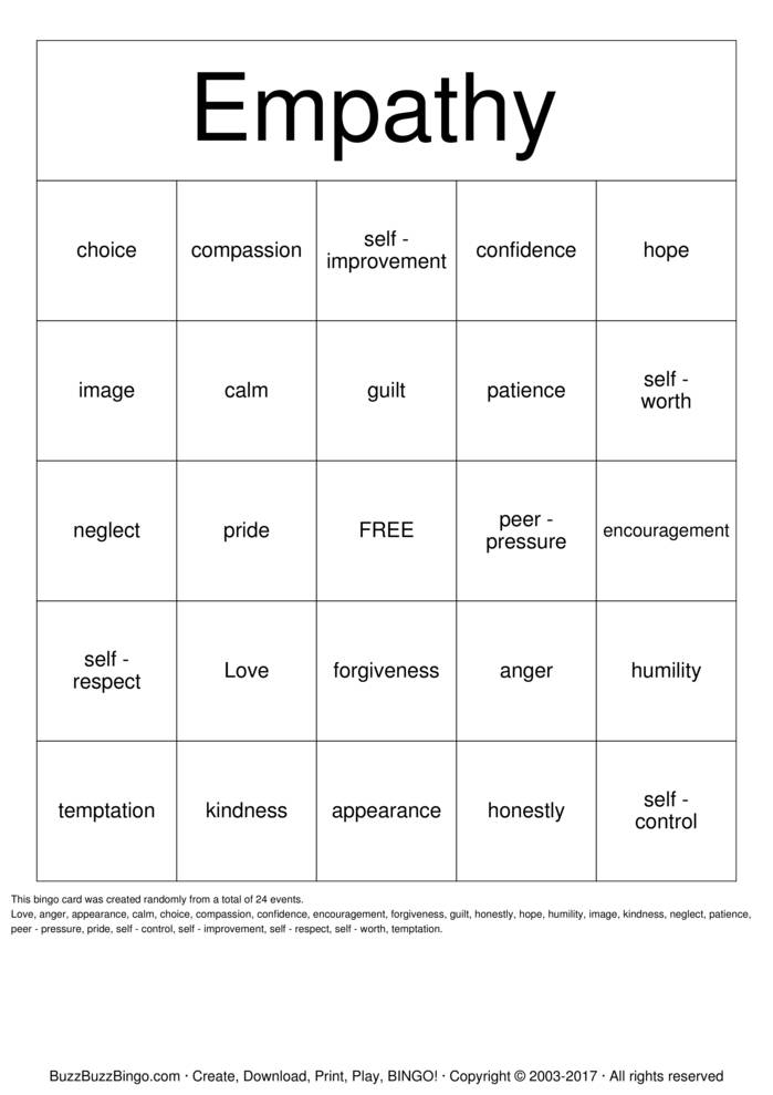 Empathy Bingo Cards To Download Print And Customize 