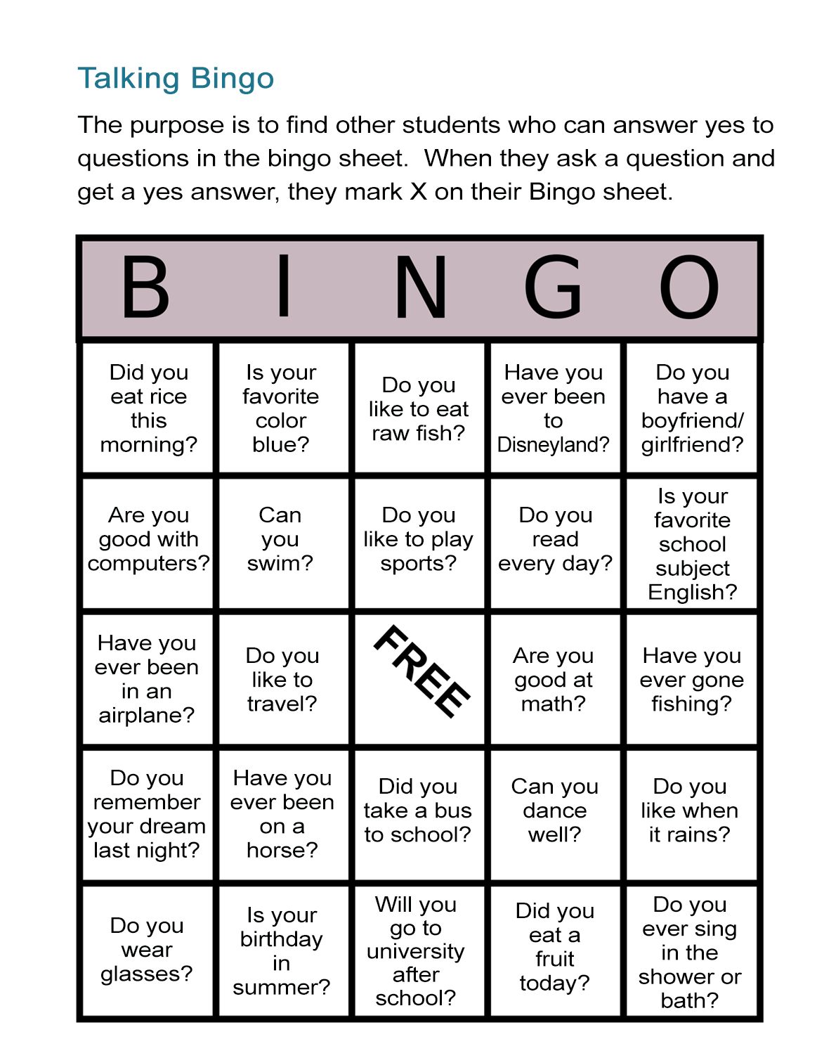 ESL Bingo Free Worksheet Stand Up Bingo ALL ESL