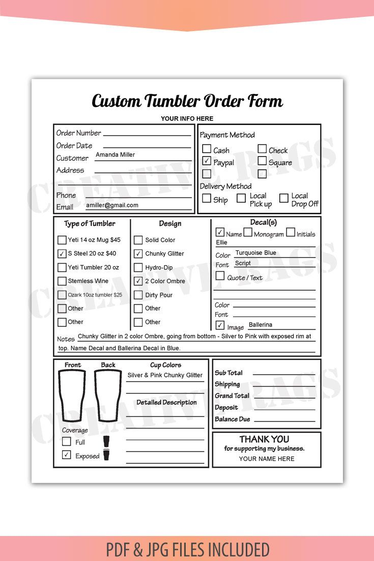 Fillable Editable Text Only PDF TUMBLERS Order Form Decals 