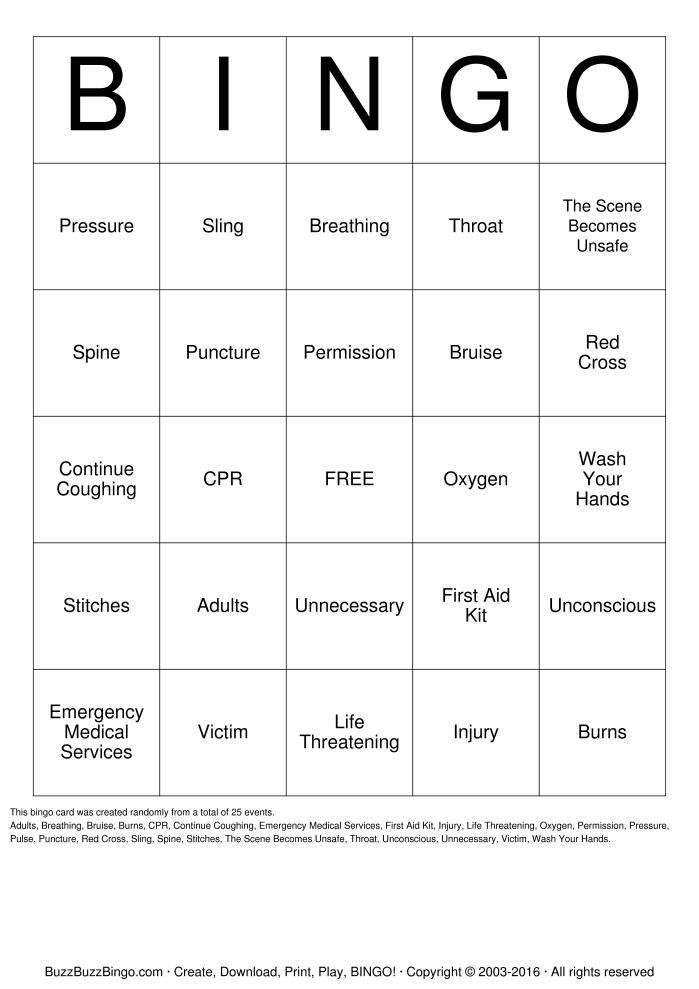 First Aid Bingo Cards Printable Bingo Cards Printable 