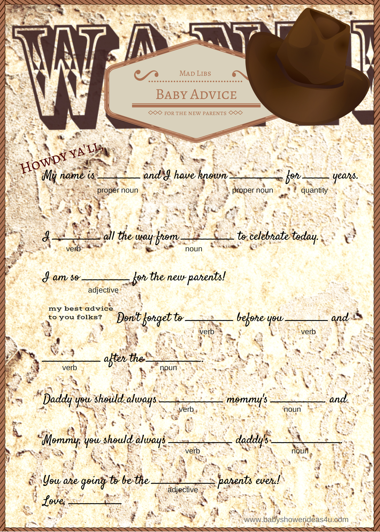Free Baby Shower Mad Libs Game Cowboy Baby Shower Ideas 