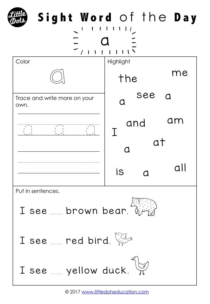 Free Pre K Dolch Sight Words Worksheets Set 1