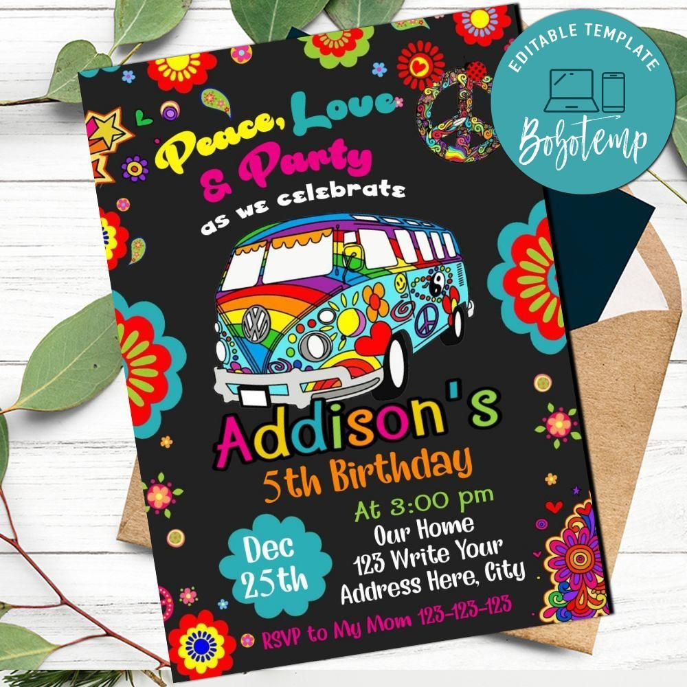 Hippie Birthday Invitation Template To Print At Home 