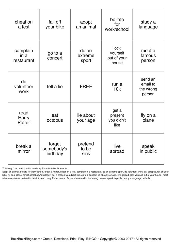 Present Perfect Bingo Cards To Download Print And Customize 