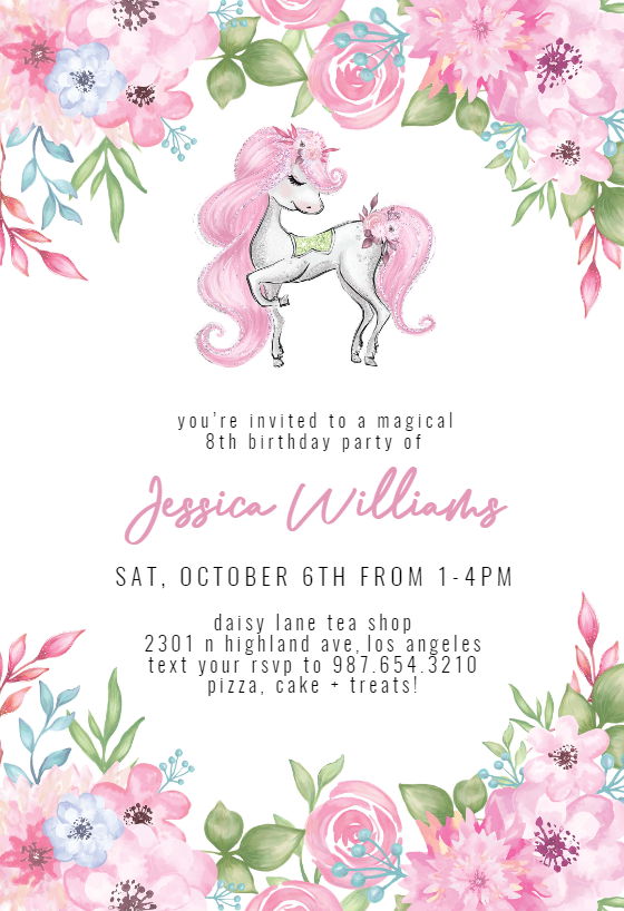 Pretty Flower Unicorn Birthday Invitation Template free 