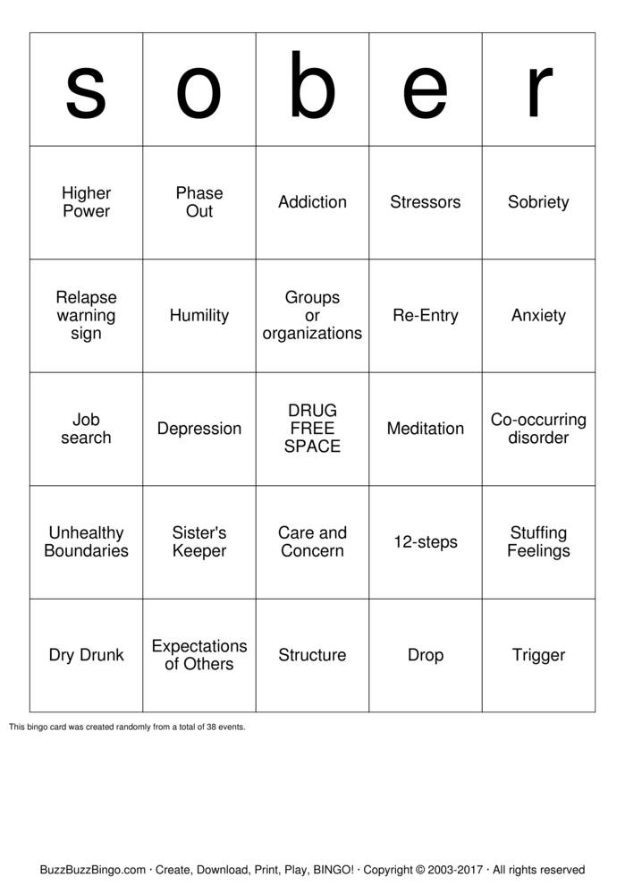 Recovery Bingo Cards To Download Print And Customize