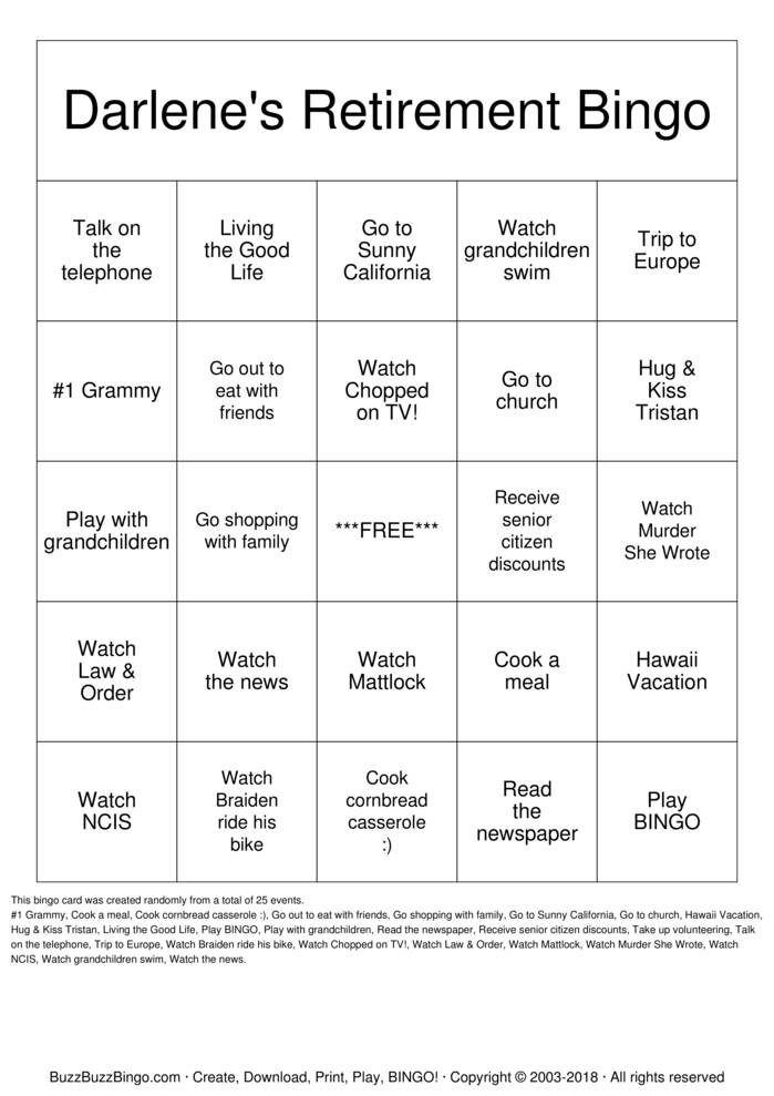 Retirement BINGO Bingo Cards To Download Print And Customize 