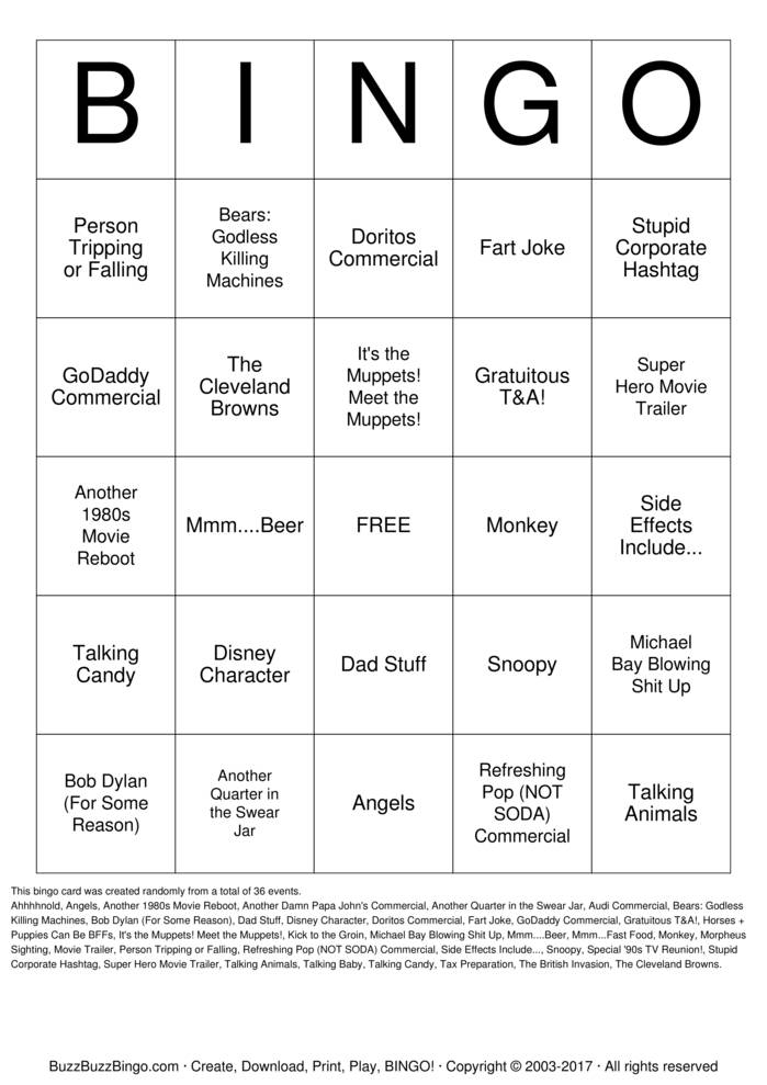 2014 Super Bowl Commercials Bingo Cards To Download Print 