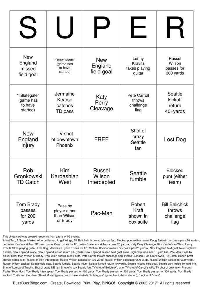 2015 Superbowl Commercials Bingo Cards To Download Print 