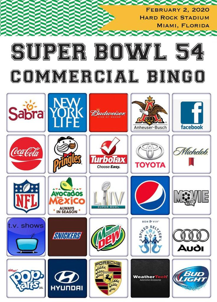 2021 Super Bowl 55 BINGO 20 Commercial Bingo 5x7 Cards 