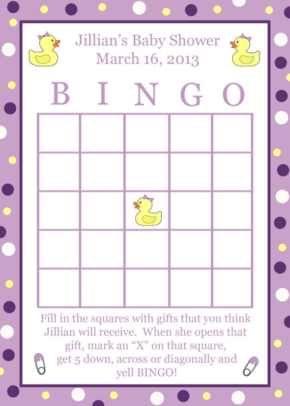 30 Personalized Baby Shower Bingo Cards Purple DUCKY