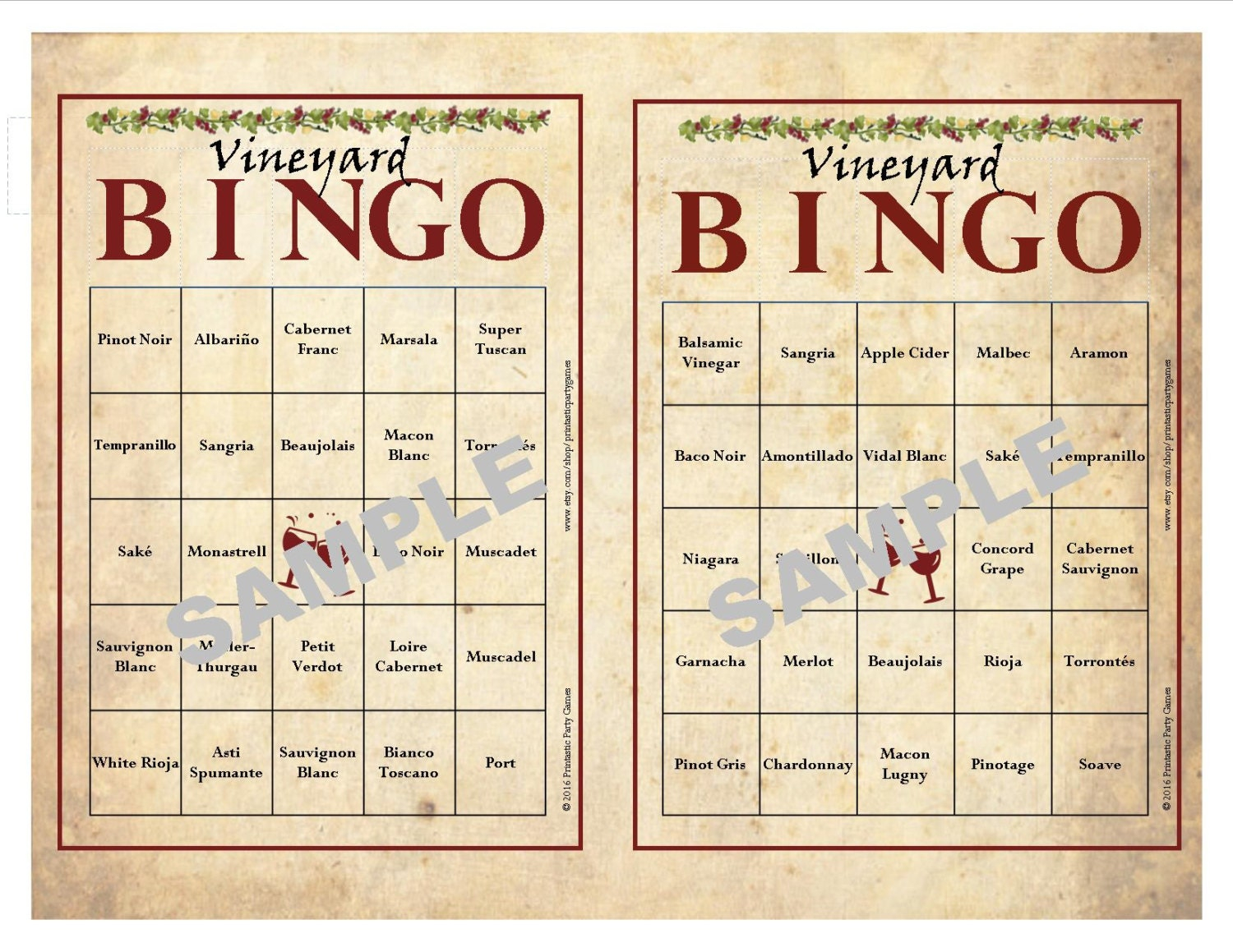 30 Printable Vineyard BINGO Cards Instant Download Wine