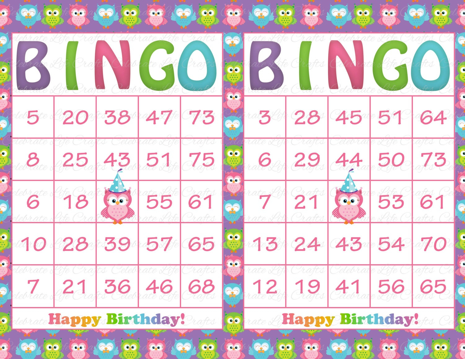 30 Purple Rainbow Owl Birthday Printable Bingo Cards Instant
