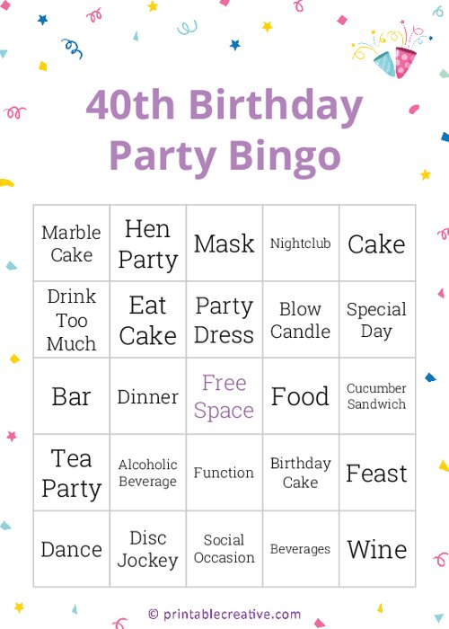 40th Birthday Party Bingo