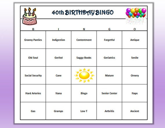 40th Birthday Party Bingo Game 60 Cards Old Age Theme 