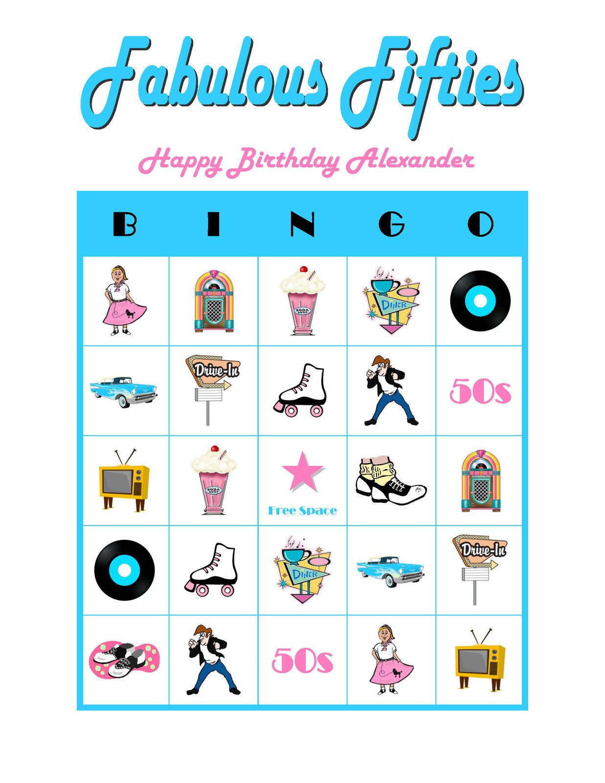50 s Bingo Card With Images Sock Hop Party Birthday 