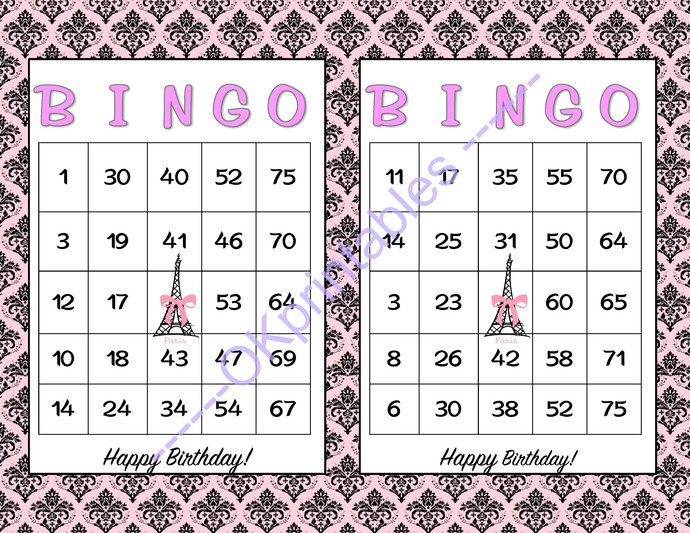 60 Happy Birthday Parisian Party Bingo Cards By 
