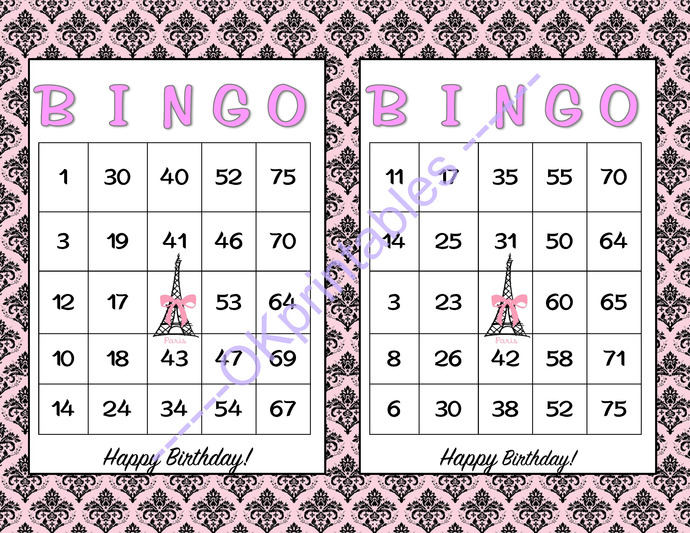 60 Happy Birthday Parisian Party Bingo Cards By