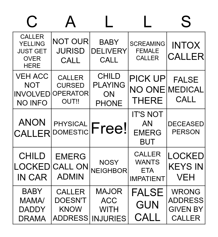 911 DISPATCH Bingo Card