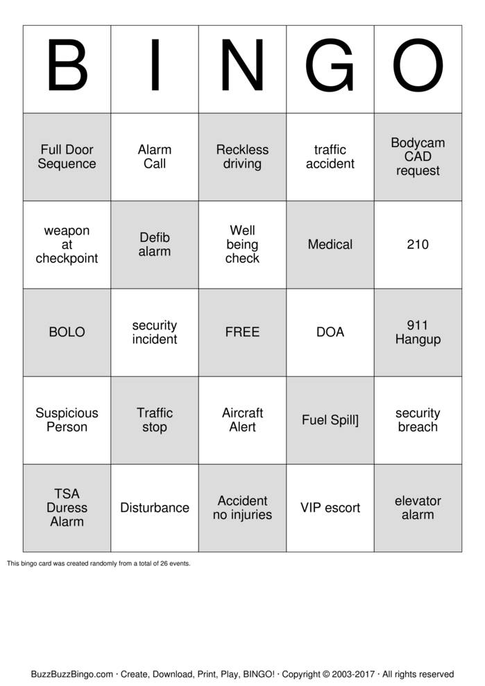 911 Dispatcher Bingo Cards To Download Print And Customize 