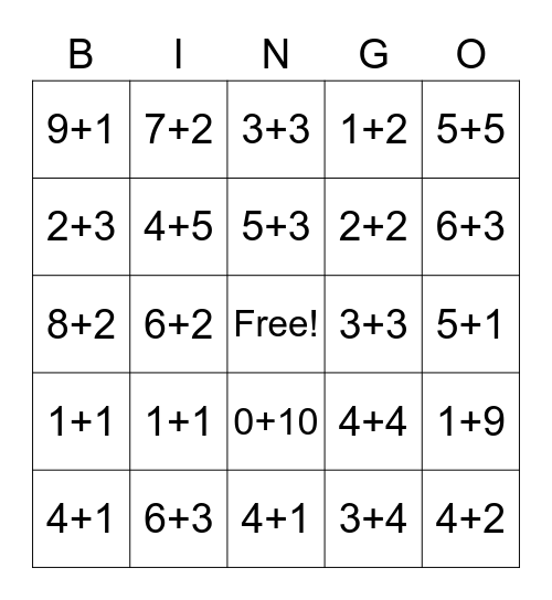 Addition Bingo Card