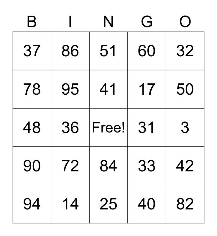 Bingo 1 100 Bingo Card