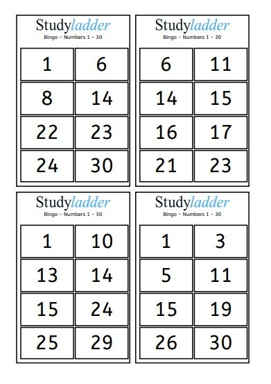 Bingo Numbers 1 30 Game Cards Studyladder 