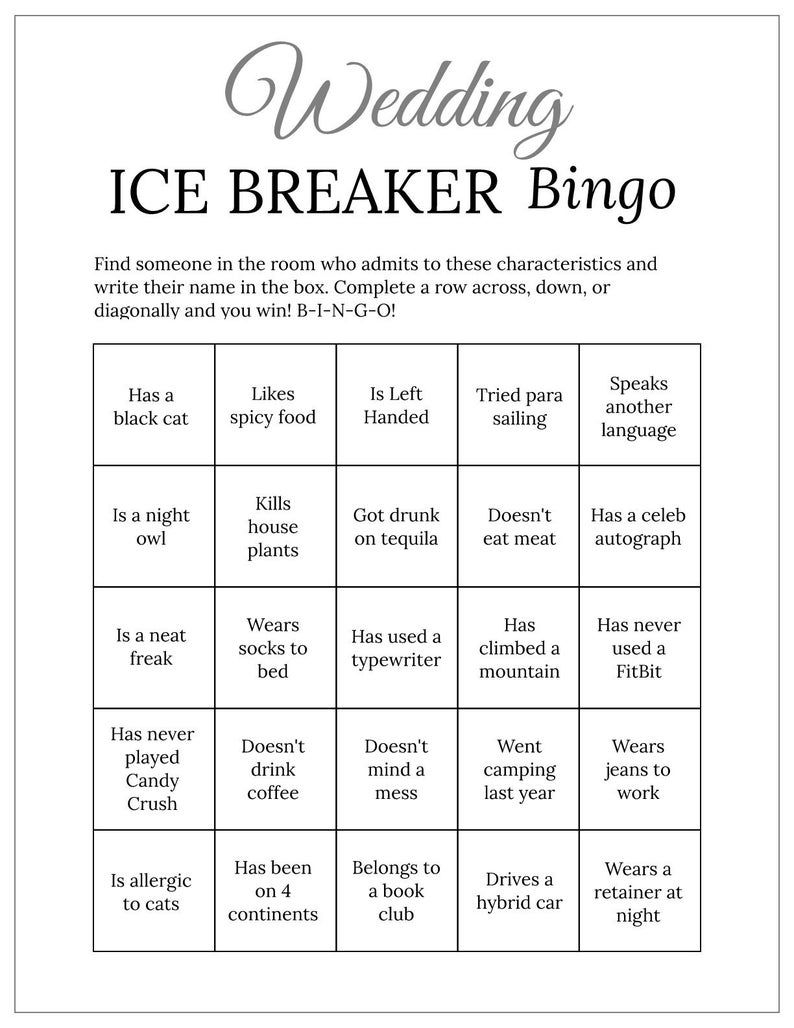 Bridal Shower Ice Breaker Game Gray Wedding Printable 