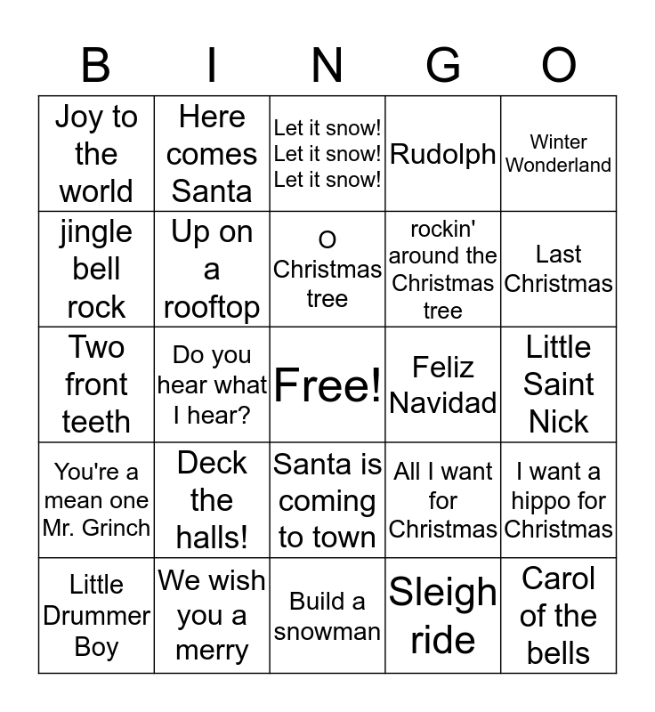 Christmas Song BINGO Card