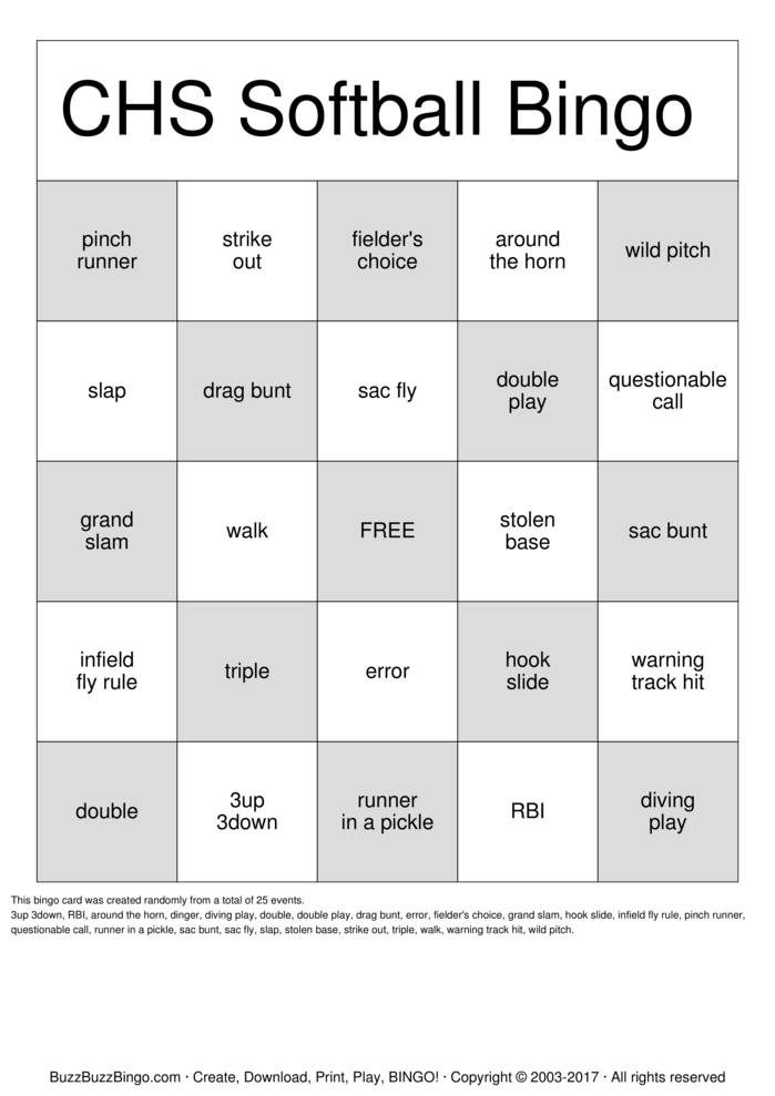CHS Softball Bingo Cards To Download Print And Customize 