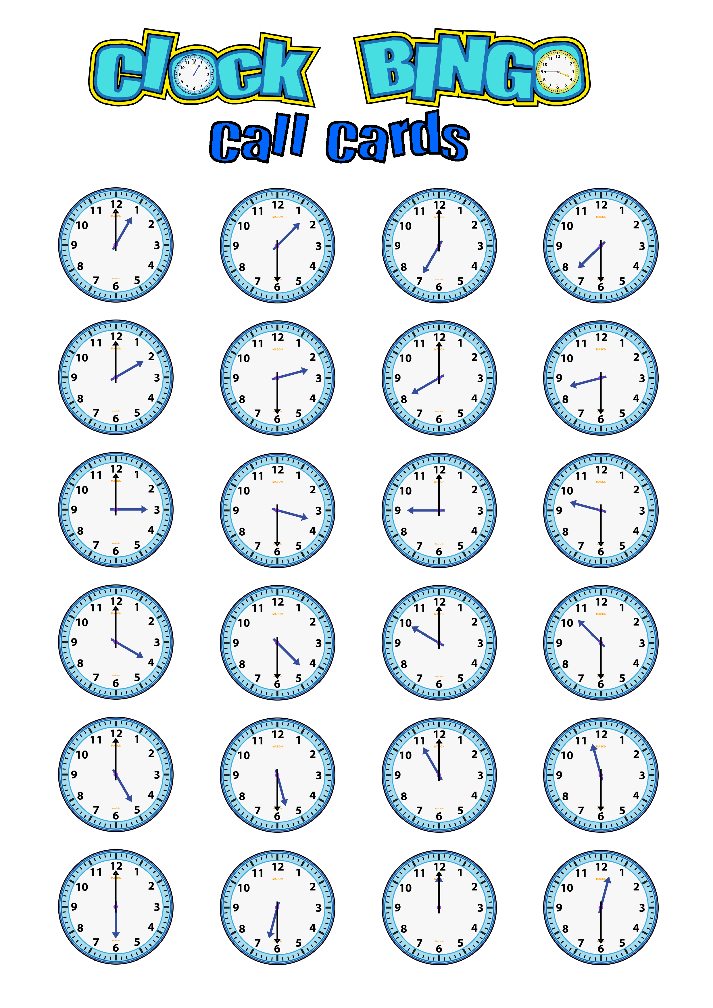 Clock Bingo Time Bingo HOUR HALF HOUR 32 Cards 